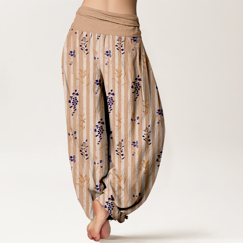 Pantaloni harem da donna con elastico in vita, in cotone, con motivo a righe e foglie dai colori tenui , Buddha Stones - image 6