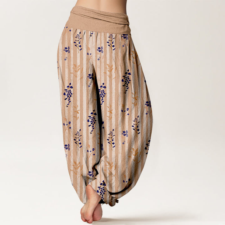 Pantaloni harem da donna con elastico in vita, in cotone, con motivo a righe e foglie dai colori tenui , Buddha Stones - image 6