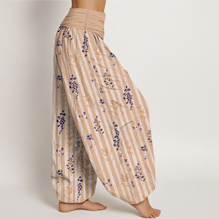 Pantaloni harem da donna con elastico in vita, in cotone, con motivo a righe e foglie dai colori tenui , Buddha Stones - image 7