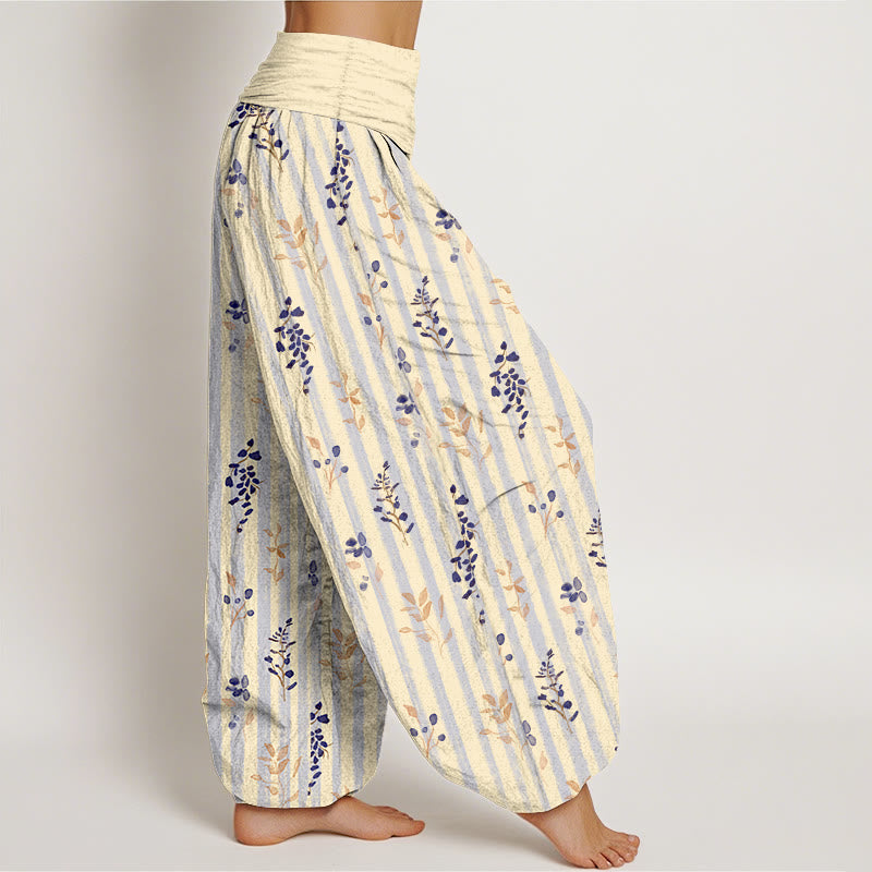 Pantaloni harem da donna con elastico in vita, in cotone, con motivo a righe e foglie dai colori tenui , Buddha Stones - image 10