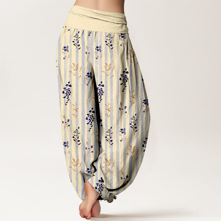 Pantaloni harem da donna con elastico in vita, in cotone, con motivo a righe e foglie dai colori tenui , Buddha Stones - image 9
