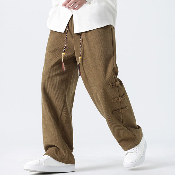 Pantaloni da uomo in velluto a coste con coulisse, tasche e bottoni a rana , Buddha Stones Fall Solid - image 3