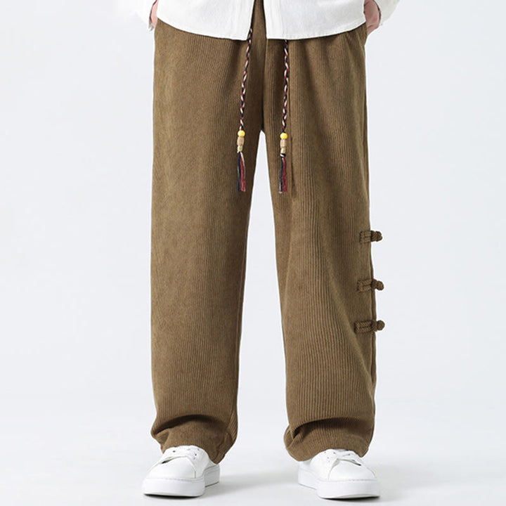 Pantaloni da uomo in velluto a coste con coulisse, tasche e bottoni a rana , Buddha Stones Fall Solid - Tan - US/UK/AU46, EU56 (5XL) - image 0