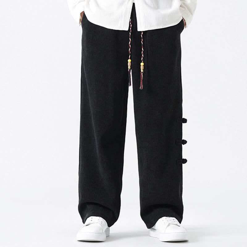 Pantaloni da uomo in velluto a coste con coulisse, tasche e bottoni a rana , Buddha Stones Fall Solid - Nero - US/UK/AU46, EU56 (5XL) - image 12