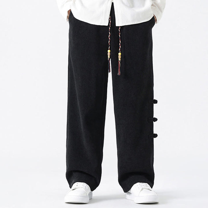 Pantaloni da uomo in velluto a coste con coulisse, tasche e bottoni a rana , Buddha Stones Fall Solid - Nero - US/UK/AU46, EU56 (5XL) - image 12