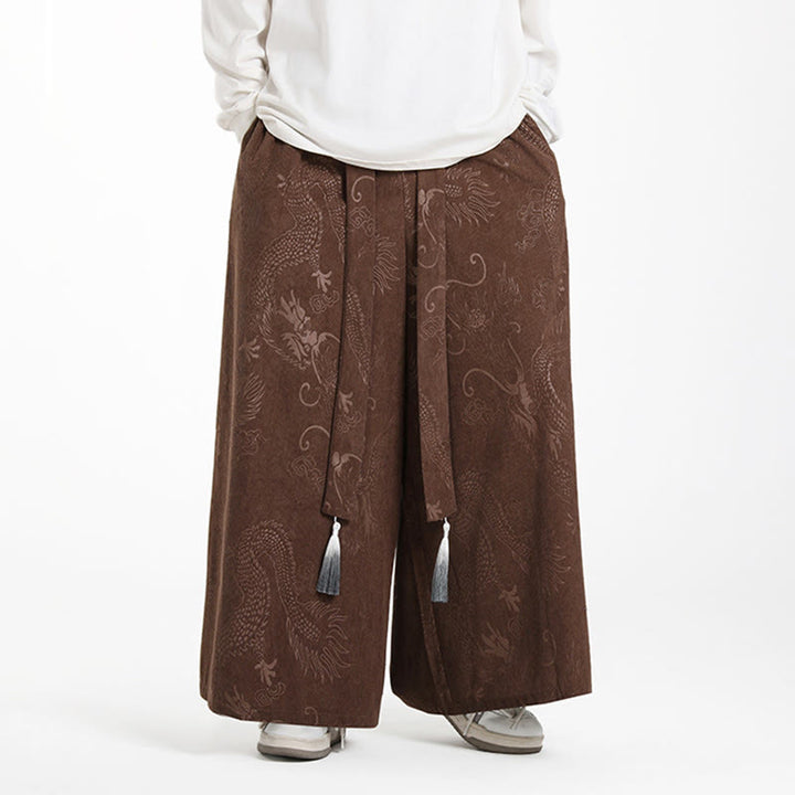 Pantaloni larghi da uomo in velluto a coste con coulisse, motivo Buddha Stones Dragon Jacquard e tasche - image 3