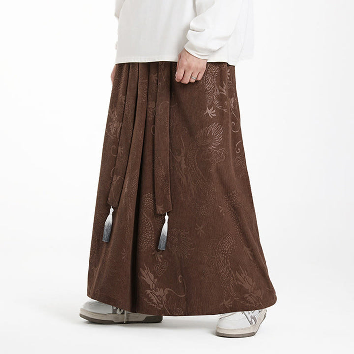 Pantaloni larghi da uomo in velluto a coste con coulisse, motivo Buddha Stones Dragon Jacquard e tasche - image 2