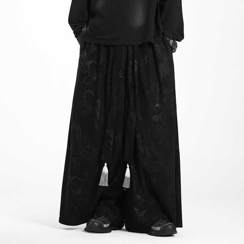 Pantaloni larghi da uomo in velluto a coste con coulisse, motivo Buddha Stones Dragon Jacquard e tasche - Nero - US/UK/AU46, EU56 (5XL) - image 8