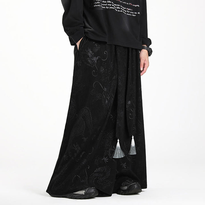 Pantaloni larghi da uomo in velluto a coste con coulisse, motivo Buddha Stones Dragon Jacquard e tasche - image 11