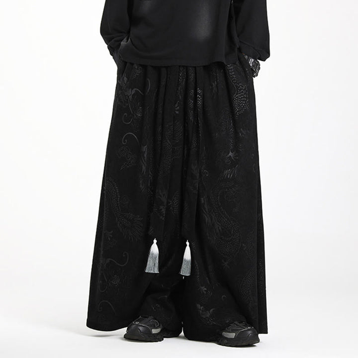 Pantaloni larghi da uomo in velluto a coste con coulisse, motivo Buddha Stones Dragon Jacquard e tasche - Nero - US/UK/AU46, EU56 (5XL) - image 8