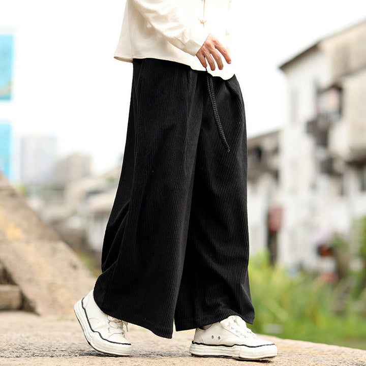 Pantaloni larghi da uomo in velluto a coste con tasche e coulisse, modello Buddha Stones Fall, tinta unita - Nero - US/UK/AU46, EU56 (5XL) - image 6