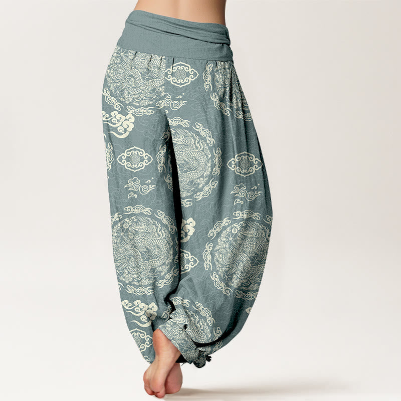 Pantaloni harem da donna con elastico in vita, in cotone, colore chiaro, motivo drago e nuvola , Buddha Stones - image 1