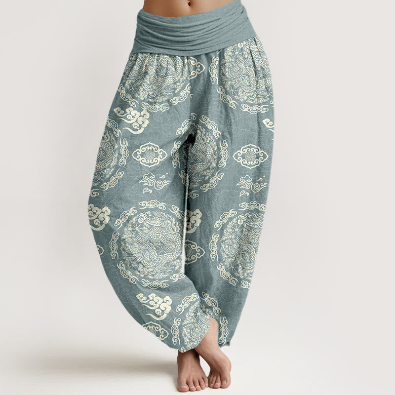 Pantaloni harem da donna con elastico in vita, in cotone, colore chiaro, motivo drago e nuvola , Buddha Stones - Azzurro chiaro - US16, UK/AU20, EU48 (3XL) - image 0