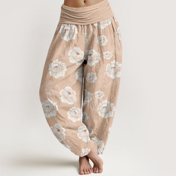 Pantaloni harem da donna con elastico in vita e motivo floreale bianco ed elegante in cotone Buddha Stones - PeachPuff - US16, UK/AU20, EU48 (3XL) - image 0