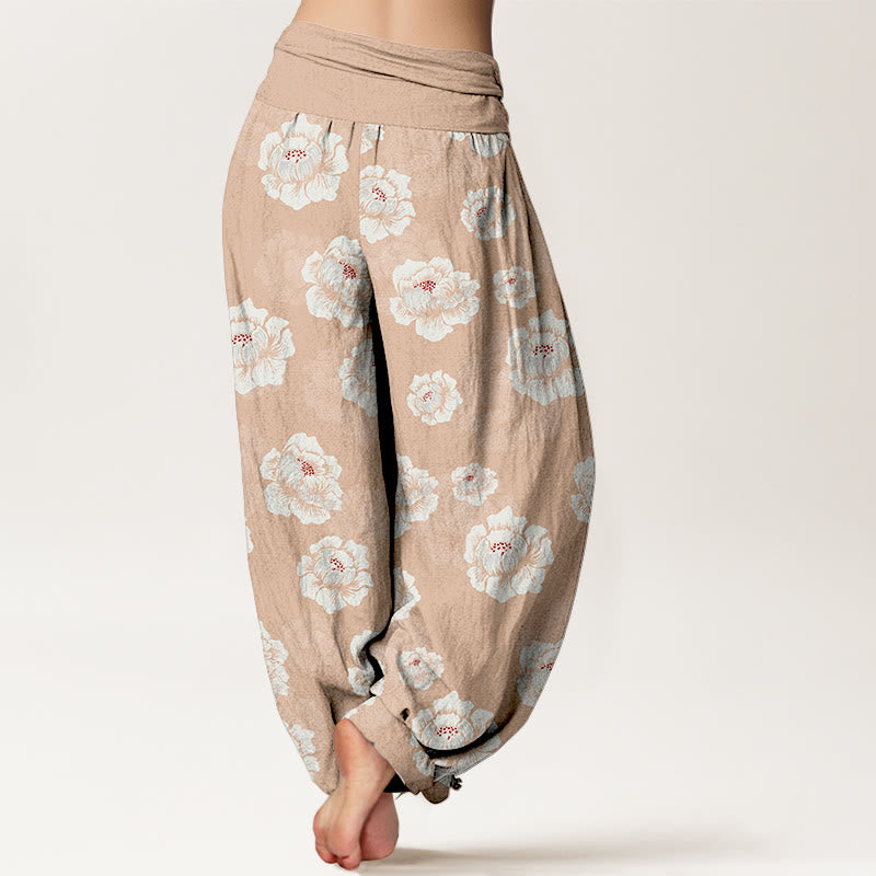 Pantaloni harem da donna con elastico in vita e motivo floreale bianco ed elegante in cotone Buddha Stones - image 1