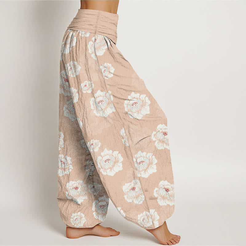 Pantaloni harem da donna con elastico in vita e motivo floreale bianco ed elegante in cotone Buddha Stones - image 2