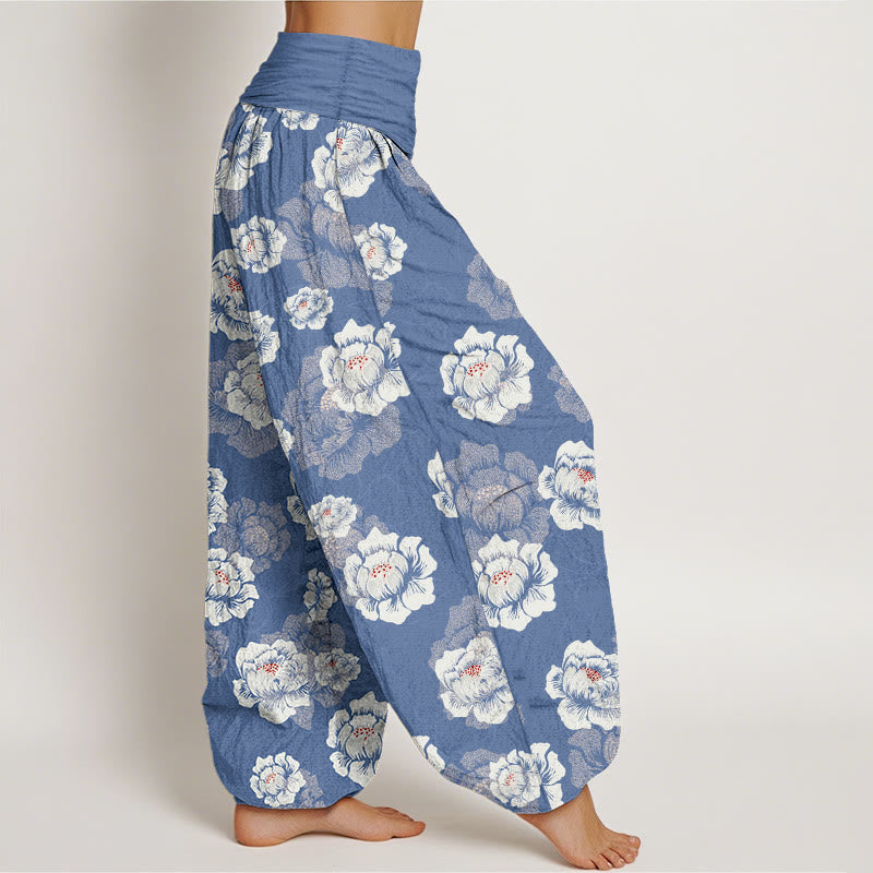 Pantaloni harem da donna con elastico in vita e motivo floreale bianco ed elegante in cotone Buddha Stones - image 7