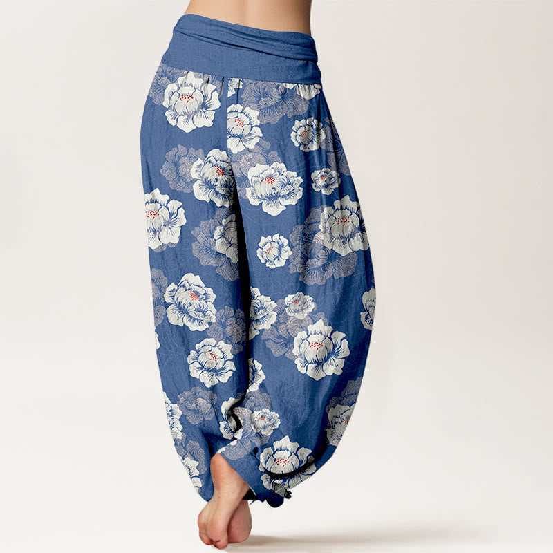 Pantaloni harem da donna con elastico in vita e motivo floreale bianco ed elegante in cotone Buddha Stones - image 6