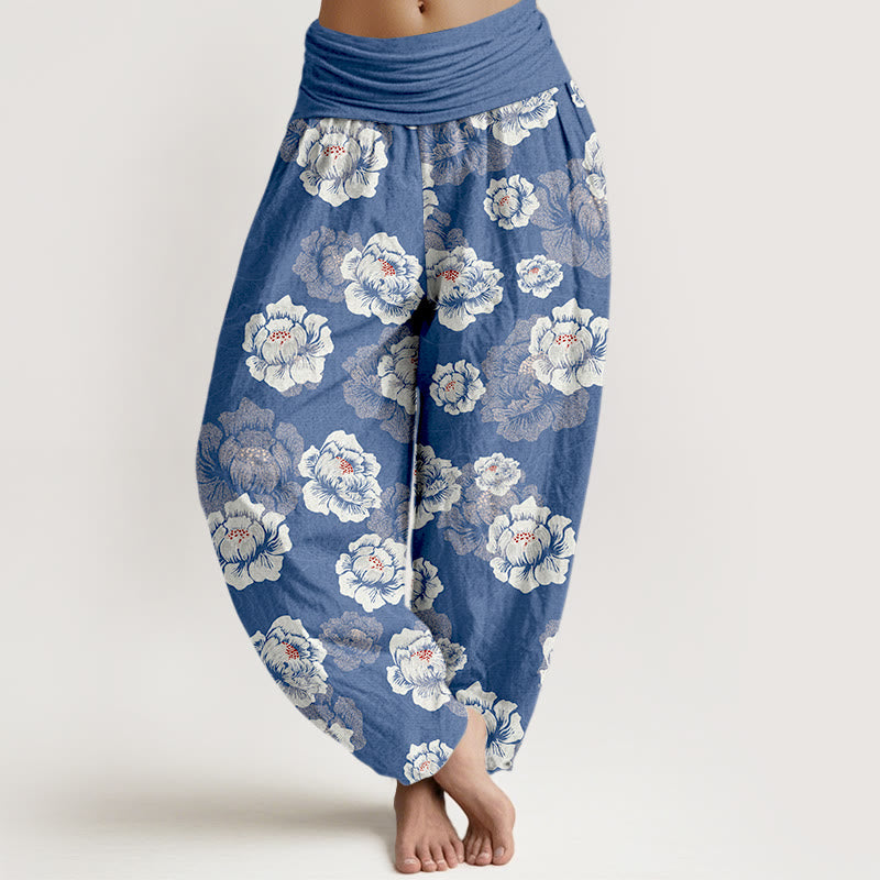 Pantaloni harem da donna con elastico in vita e motivo floreale bianco ed elegante in cotone Buddha Stones - Blu Reale - US16, UK/AU20, EU48 (3XL) - image 5