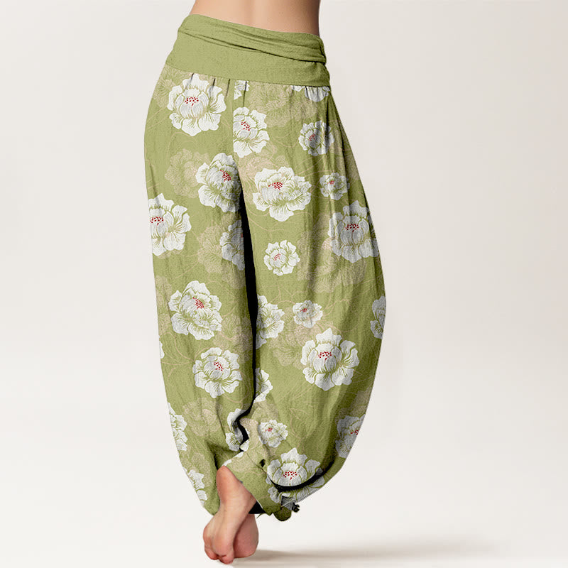 Pantaloni harem da donna con elastico in vita e motivo floreale bianco ed elegante in cotone Buddha Stones - image 9