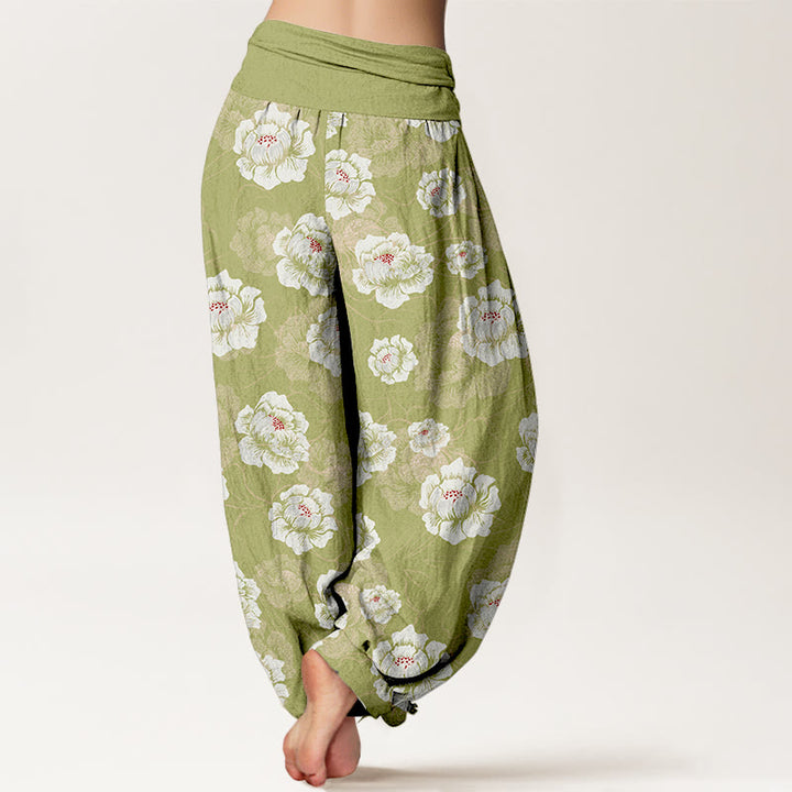 Pantaloni harem da donna con elastico in vita e motivo floreale bianco ed elegante in cotone Buddha Stones - image 9