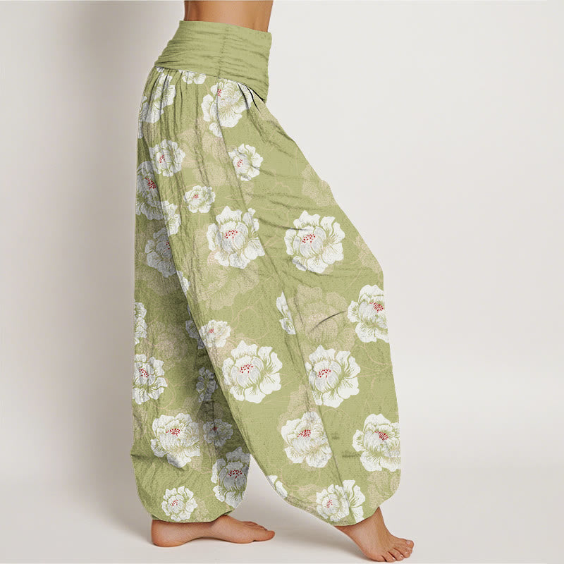 Pantaloni harem da donna con elastico in vita e motivo floreale bianco ed elegante in cotone Buddha Stones - image 10