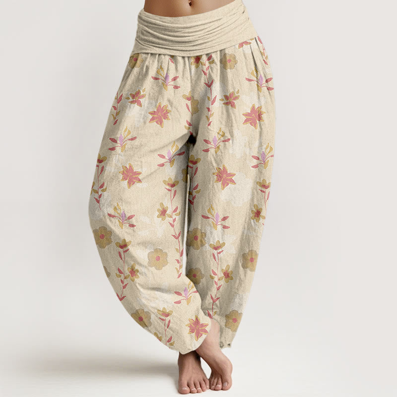 Pantaloni harem da donna con elastico in vita, in cotone, semplici e rinfrescanti, con motivo a fiori e foglie, modello Buddha Stones - LemonChiffon - US16, UK/AU20, EU48 (3XL) - image 0