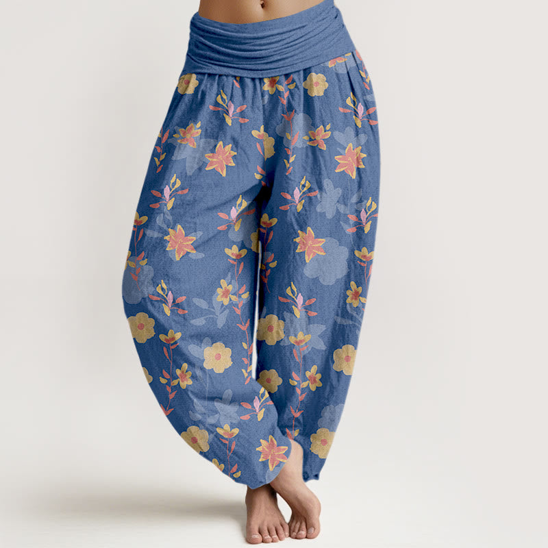 Pantaloni harem da donna con elastico in vita, in cotone, semplici e rinfrescanti, con motivo a fiori e foglie, modello Buddha Stones - SteelBlue - US16, UK/AU20, EU48 (3XL) - image 5