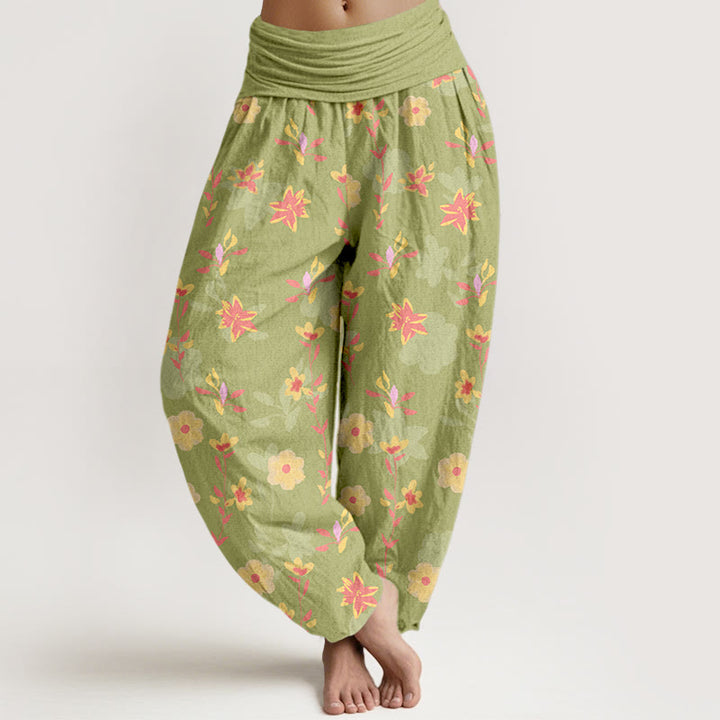 Pantaloni harem da donna con elastico in vita, in cotone, semplici e rinfrescanti, con motivo a fiori e foglie, modello Buddha Stones - GialloVerde - US16, UK/AU20, EU48 (3XL) - image 8