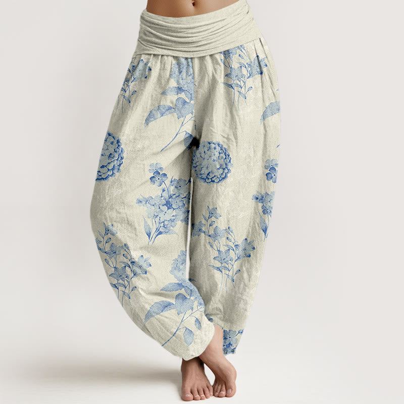 Pantaloni harem da donna con elastico in vita e motivo a fiori di ortensia e Buddha Stones in cotone rinfrescante - Beige - US16, UK/AU20, EU48 (3XL) - image 0