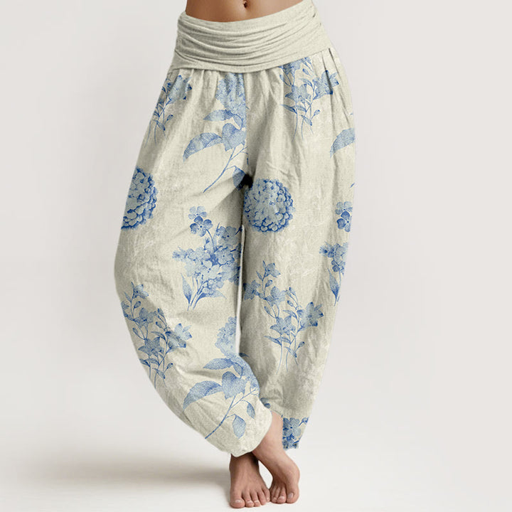 Pantaloni harem da donna con elastico in vita e motivo a fiori di ortensia e Buddha Stones in cotone rinfrescante - Beige - US16, UK/AU20, EU48 (3XL) - image 0