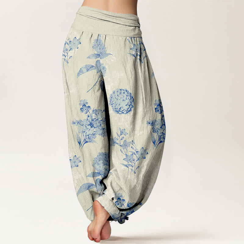 Pantaloni harem da donna con elastico in vita e motivo a fiori di ortensia e Buddha Stones in cotone rinfrescante - image 1