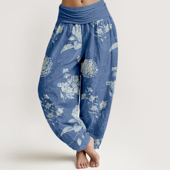 Pantaloni harem da donna con elastico in vita e motivo a fiori di ortensia e Buddha Stones in cotone rinfrescante - Blu Reale - US16, UK/AU20, EU48 (3XL) - image 5