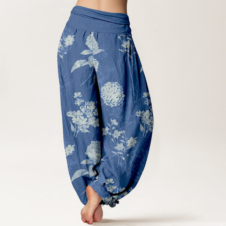 Pantaloni harem da donna con elastico in vita e motivo a fiori di ortensia e Buddha Stones in cotone rinfrescante - image 6
