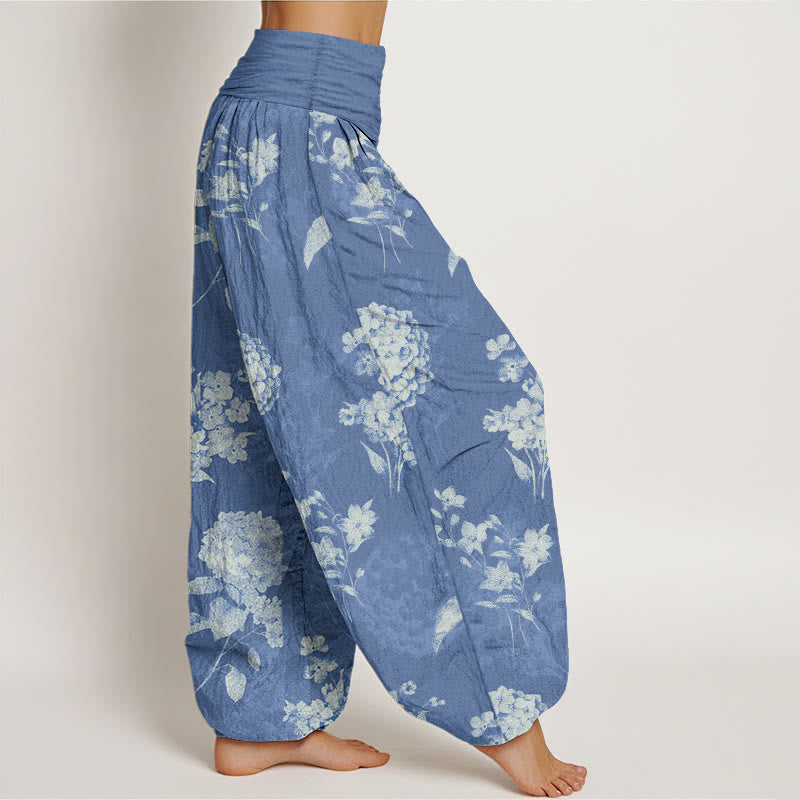 Pantaloni harem da donna con elastico in vita e motivo a fiori di ortensia e Buddha Stones in cotone rinfrescante - image 7