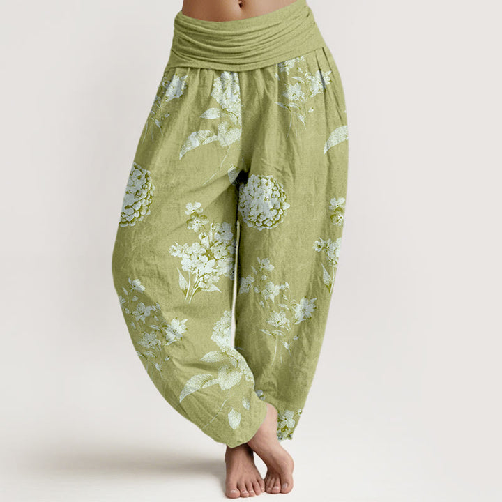 Pantaloni harem da donna con elastico in vita e motivo a fiori di ortensia e Buddha Stones in cotone rinfrescante - GialloVerde - US16, UK/AU20, EU48 (3XL) - image 8