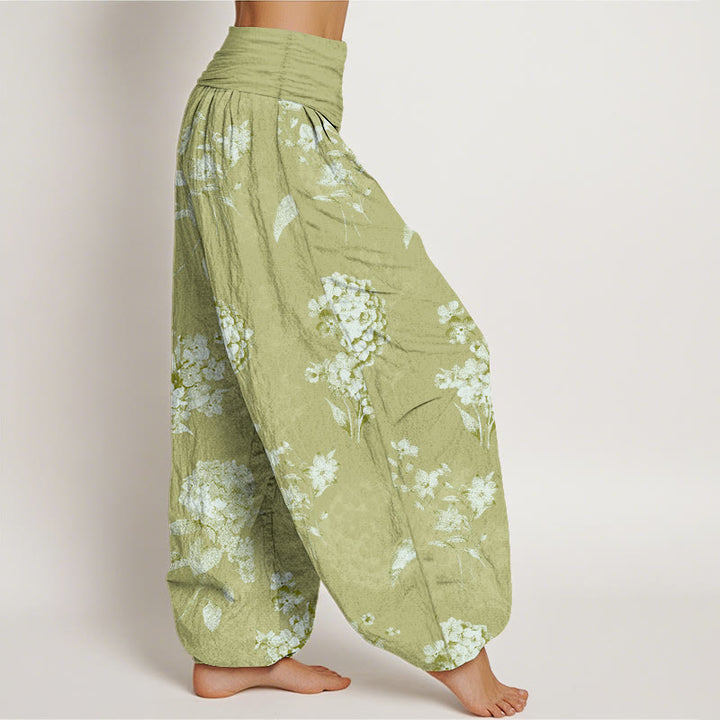 Pantaloni harem da donna con elastico in vita e motivo a fiori di ortensia e Buddha Stones in cotone rinfrescante - image 10