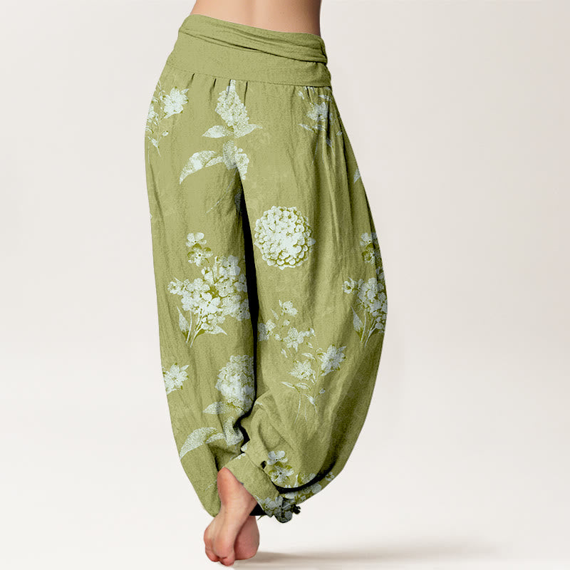 Pantaloni harem da donna con elastico in vita e motivo a fiori di ortensia e Buddha Stones in cotone rinfrescante - image 9