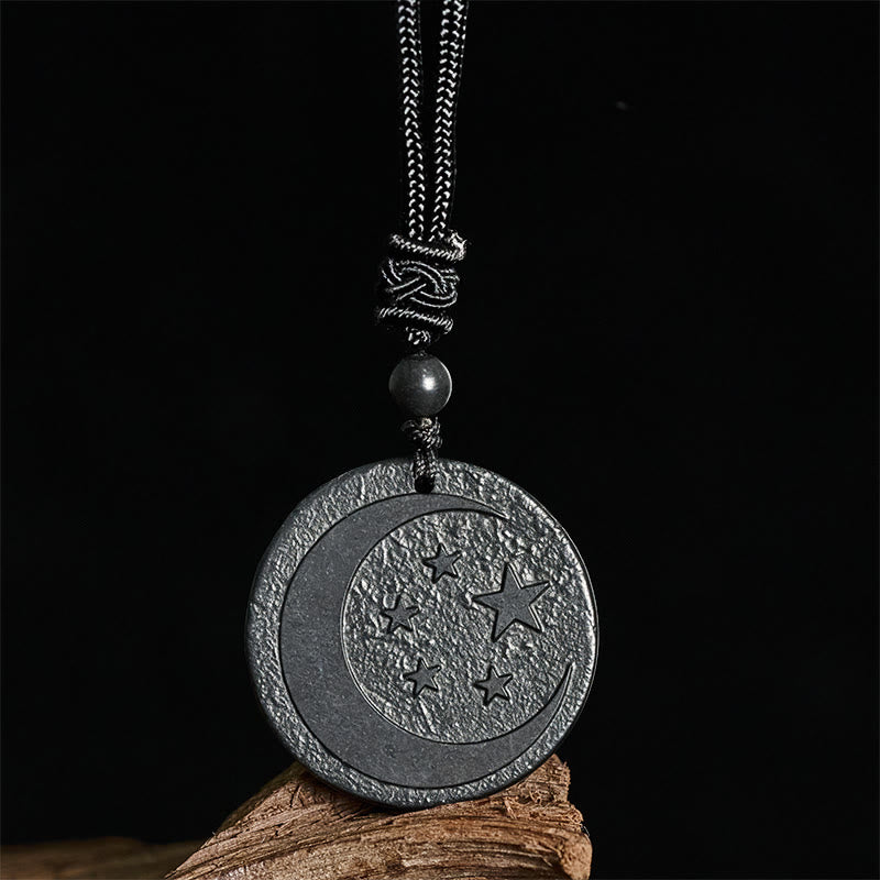 Collana con ciondolo di protezione in pietra di shungite autentica con design rotondo a forma di stella di luna Buddha Stones - image 2