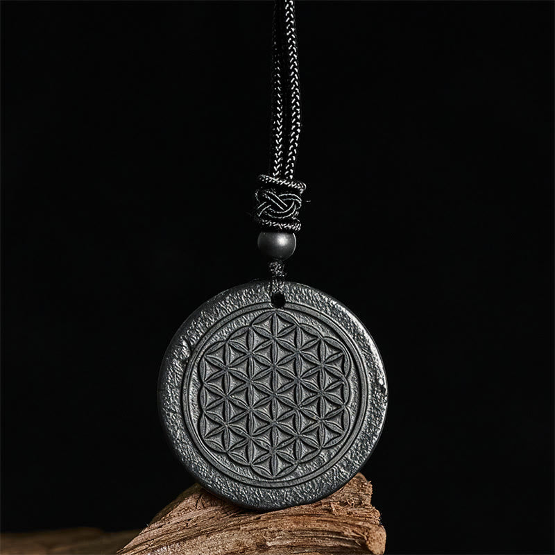 Collana con ciondolo di protezione in pietra di shungite autentica con intaglio del fiore della vita Buddha Stones - image 2