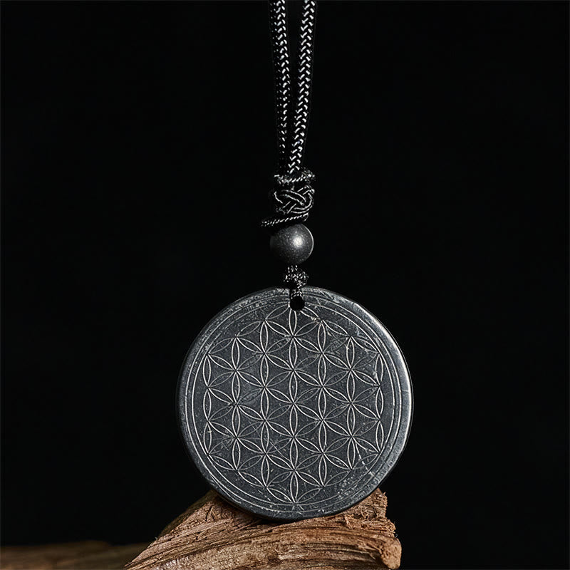 Collana con ciondolo di protezione in pietra di shungite autentica con intaglio del fiore della vita Buddha Stones - image 11