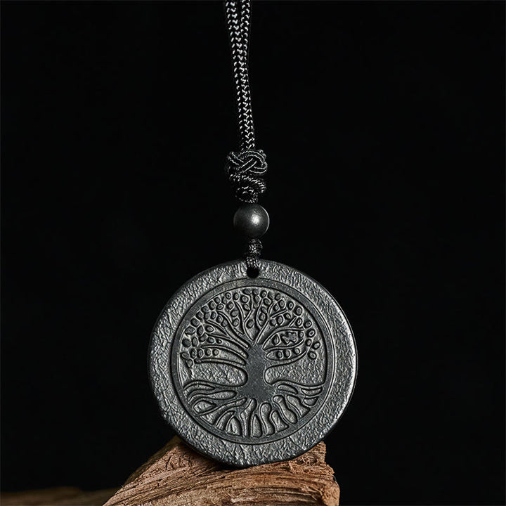 Collana con ciondolo di protezione in pietra di shungite autentica con motivo intagliato dell'albero della vita Buddha Stones - image 2