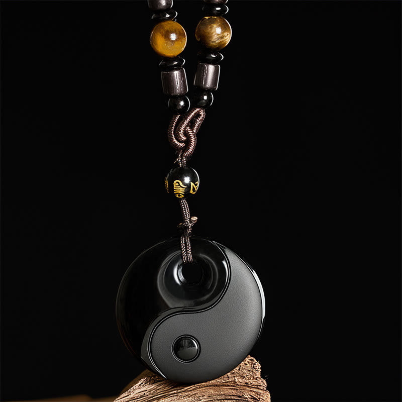 Collana con ciondolo in ossidiana nera con simbolo Yin Yang Buddha Stones Om Mani Padme Hum e forza - image 1