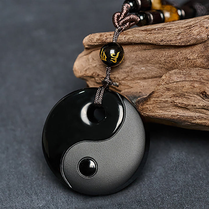 Collana con ciondolo in ossidiana nera con simbolo Yin Yang Buddha Stones Om Mani Padme Hum e forza - image 3