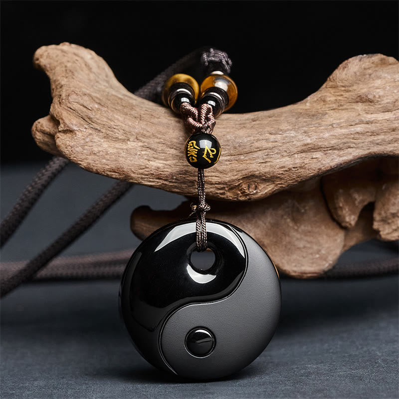 Collana con ciondolo in ossidiana nera con simbolo Yin Yang Buddha Stones Om Mani Padme Hum e forza - Ossidiana nera (dimensioni del ciondolo: 37*8 mm) - image 0