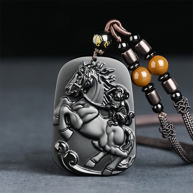 Collana con ciondolo in ossidiana nera con motivo a scimmia dell'anno del cavallo, Om Mani Padme Hum, Buddha Stones - Cavallo, scimmia e sei parole vere - image 0