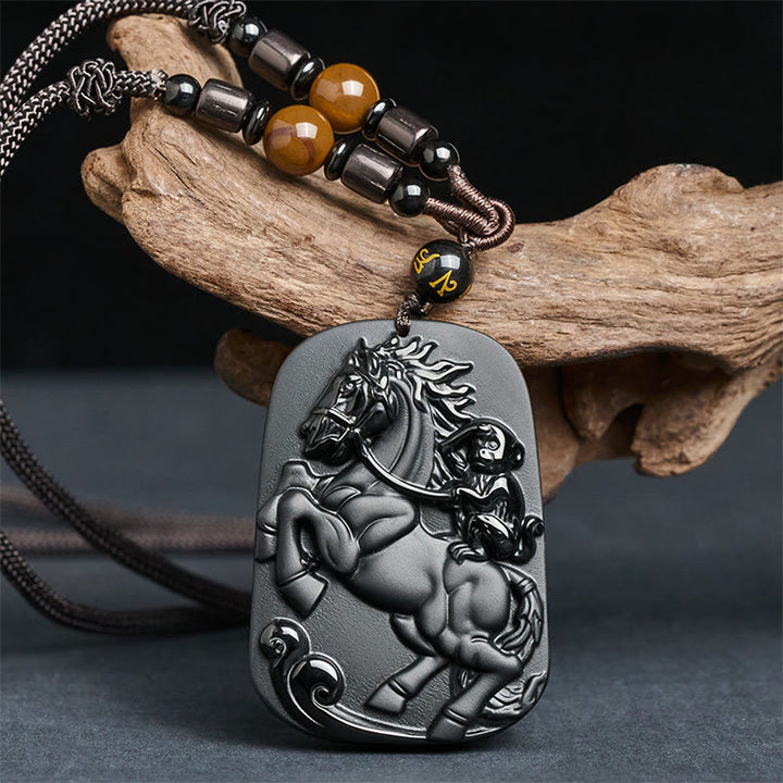 Collana con ciondolo in ossidiana nera con motivo a scimmia dell'anno del cavallo, Om Mani Padme Hum, Buddha Stones - image 1