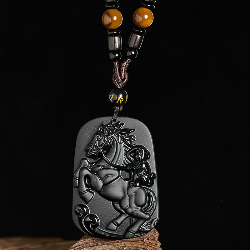 Collana con ciondolo in ossidiana nera con motivo a scimmia dell'anno del cavallo, Om Mani Padme Hum, Buddha Stones - image 2