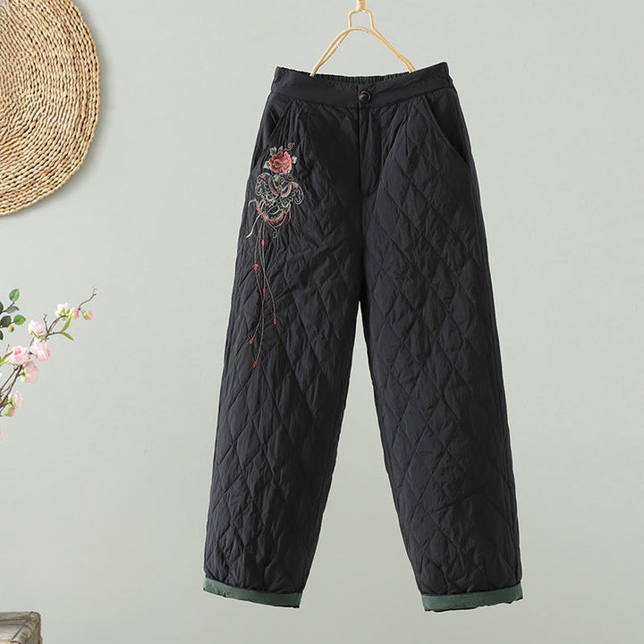 Pantaloni da donna spessi con tasche e motivo a rombi con fiori rosa Buddha Stones - Nero - US8-10, UK/AU12-14, EU40-42 (2XL) - image 11