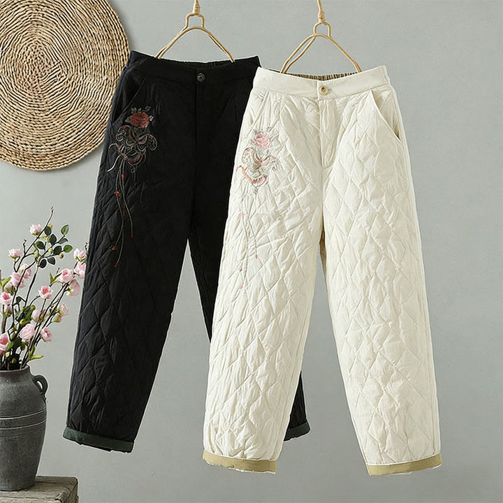Pantaloni da donna spessi con tasche e motivo a rombi con fiori rosa Buddha Stones - image 0